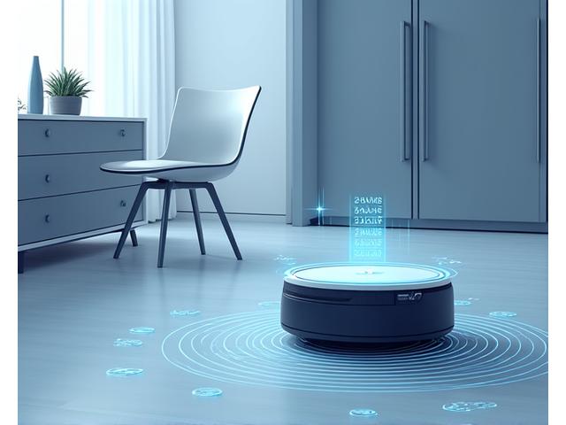 LiDARセンサーを搭載したロボットが部屋をマッピングしている様子、vSLAMの視覚経路を示すオーバーレイ