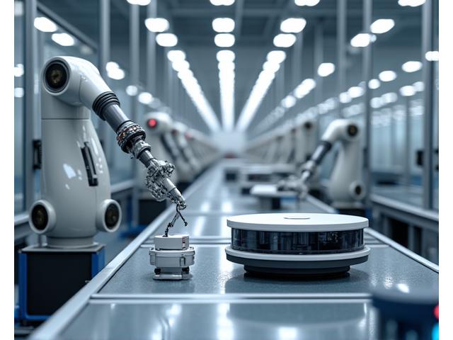 ロボットアームが製造ラインで部品を組み立て、品質検査を行っている工場風景