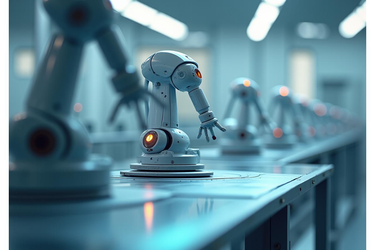 Futaba Roboticsのロボット生産ライン。クリーンな環境でロボットアームが精密に作業する様子。