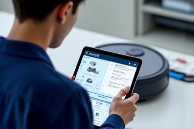 技術者がタブレットを見ながらロボットのメンテナンスを行う様子