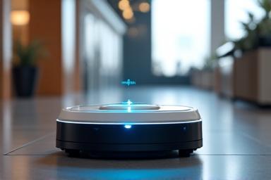 複雑な屋内環境を自律航行する清掃ロボットとLiDARセンサーのイメージ