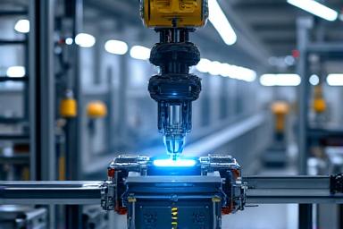 最先端のロボット製造ラインで精密に組立作業を行うロボットアーム