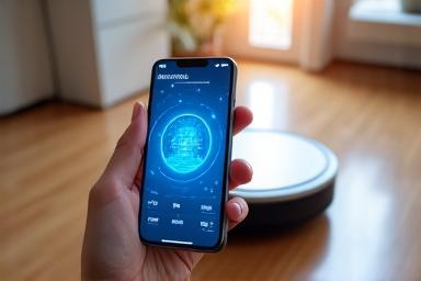 家庭内でスマートデバイスと連携して動作するロボット掃除機とスマートフォン